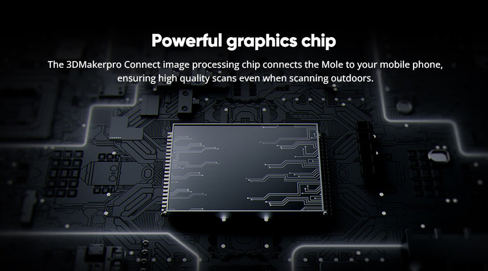 3D Makerpro Mole Standard 3D skener, presnosť 0,05 mm, rozlíšenie 0,1 mm, pracovná vzdialenosť 150–400 mm, s technológiou Multi-Spectral, podporuje skenovanie tvárí.