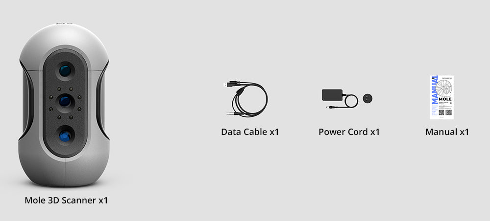 3D Makerpro Mole Standard 3D skener, presnosť 0,05 mm, rozlíšenie 0,1 mm, pracovná vzdialenosť 150–400 mm, s technológiou Multi-Spectral, podporuje skenovanie tvárí.