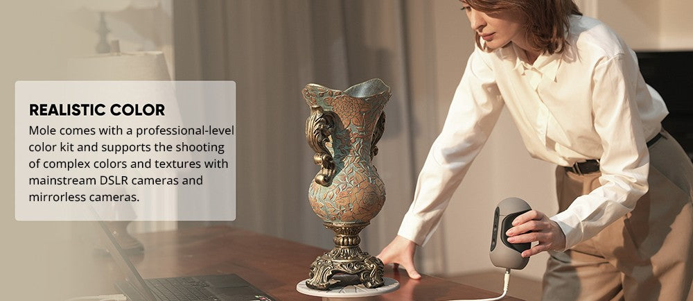 3D Makerpro Mole Standard 3D skener, presnosť 0,05 mm, rozlíšenie 0,1 mm, pracovná vzdialenosť 150–400 mm, s technológiou Multi-Spectral, podporuje skenovanie tvárí.