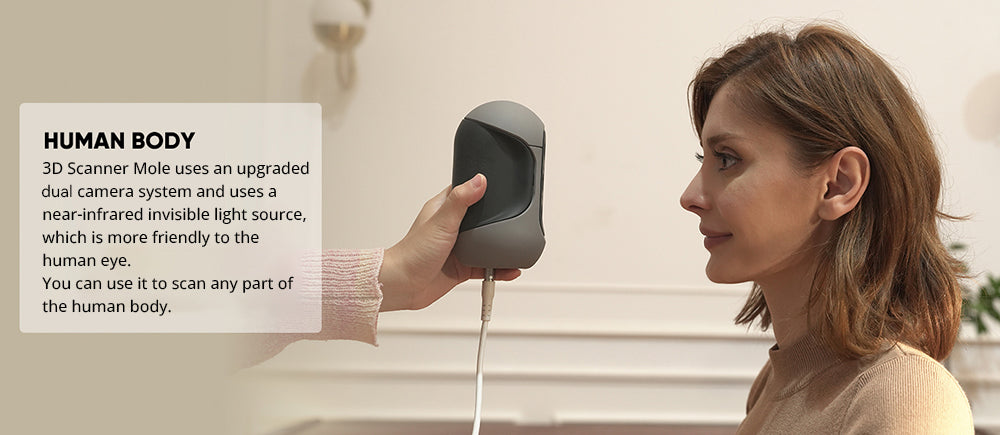 3D Makerpro Mole Standard 3D skener, presnosť 0,05 mm, rozlíšenie 0,1 mm, pracovná vzdialenosť 150–400 mm, s technológiou Multi-Spectral, podporuje skenovanie tvárí.