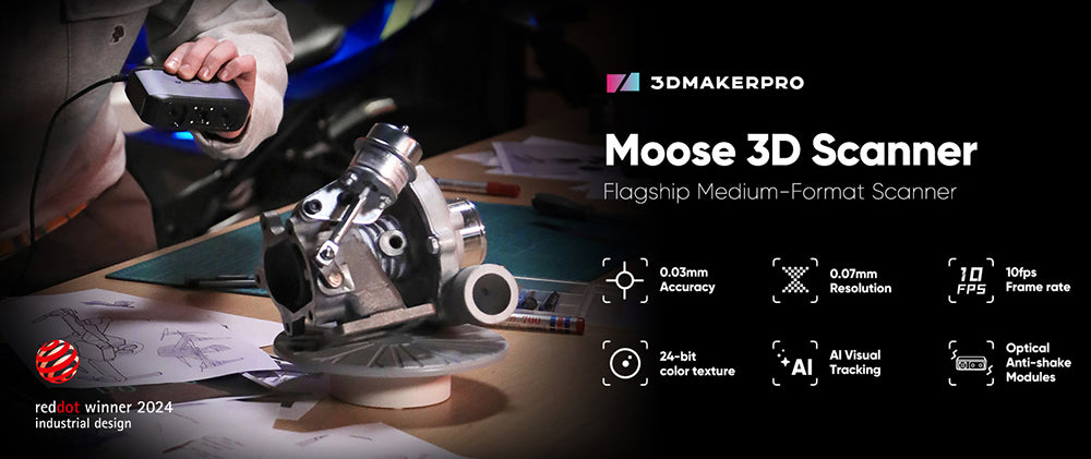 3D skener 3DMakerpro Moose, presnosť 0,03 mm, rozlíšenie 0,07 mm, zdroj modrého LED svetla, 24-bitová farebná kamera, vizuálne sledovanie AI, snímková frekvencia 10 snímkov za sekundu, objektívy s protisunutím, kompatibilný s Windows/MacOS