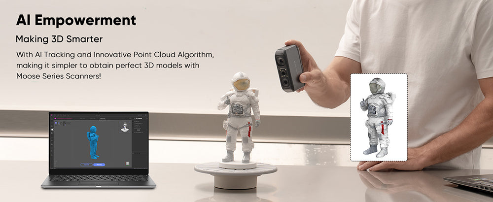 3D skener 3DMakerpro Moose, presnosť 0,03 mm, rozlíšenie 0,07 mm, zdroj modrého LED svetla, 24-bitová farebná kamera, vizuálne sledovanie AI, snímková frekvencia 10 snímkov za sekundu, objektívy s protisunutím, kompatibilný s Windows/MacOS