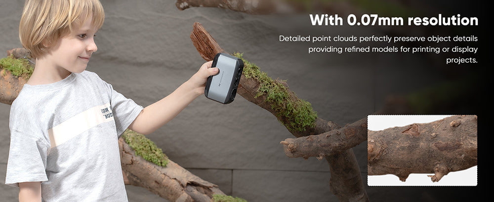 3D skener 3DMakerpro Moose, presnosť 0,03 mm, rozlíšenie 0,07 mm, zdroj modrého LED svetla, 24-bitová farebná kamera, vizuálne sledovanie AI, snímková frekvencia 10 snímkov za sekundu, objektívy s protisunutím, kompatibilný s Windows/MacOS