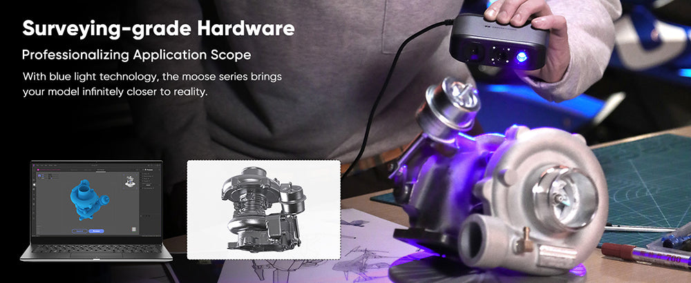 3D skener 3DMakerpro Moose, presnosť 0,03 mm, rozlíšenie 0,07 mm, zdroj modrého LED svetla, 24-bitová farebná kamera, vizuálne sledovanie AI, snímková frekvencia 10 snímkov za sekundu, objektívy s protisunutím, kompatibilný s Windows/MacOS
