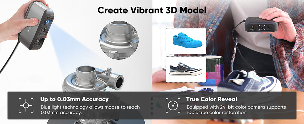 3D skener 3DMakerpro Moose, presnosť 0,03 mm, rozlíšenie 0,07 mm, zdroj modrého LED svetla, 24-bitová farebná kamera, vizuálne sledovanie AI, snímková frekvencia 10 snímkov za sekundu, objektívy s protisunutím, kompatibilný s Windows/MacOS