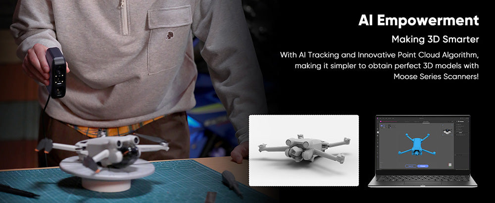 3D skener 3DMakerpro Moose Lite, presnosť 0,05 mm, rozlíšenie 0,10 mm, zdroj NIR svetla, 24-bitová farebná kamera, vizuálne sledovanie AI, snímková frekvencia 10 snímkov za sekundu, objektívy s protisunutím, kompatibilný s Windows/MacOS