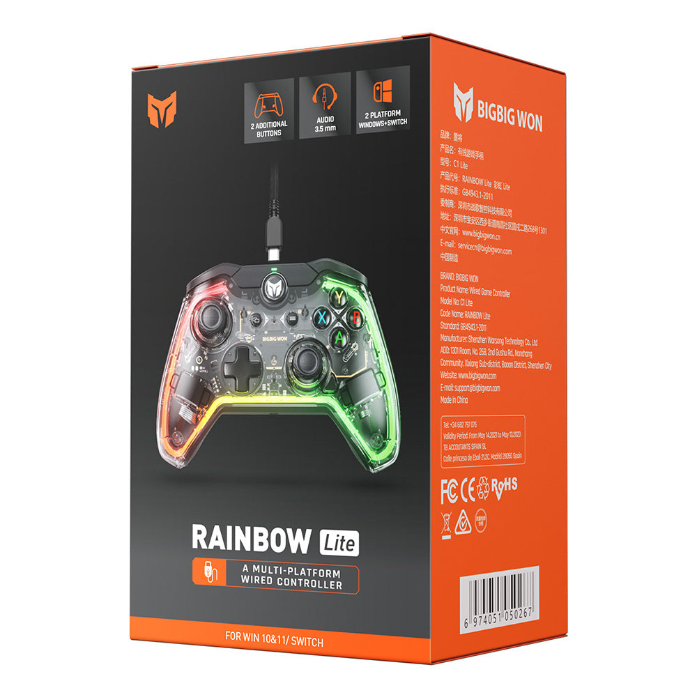 BIGBIG WON Rainbow Lite Wired Game Controller, RGB Light, Custom Buttons, Compatible with Switch / Windows 10 &amp; 11 PC