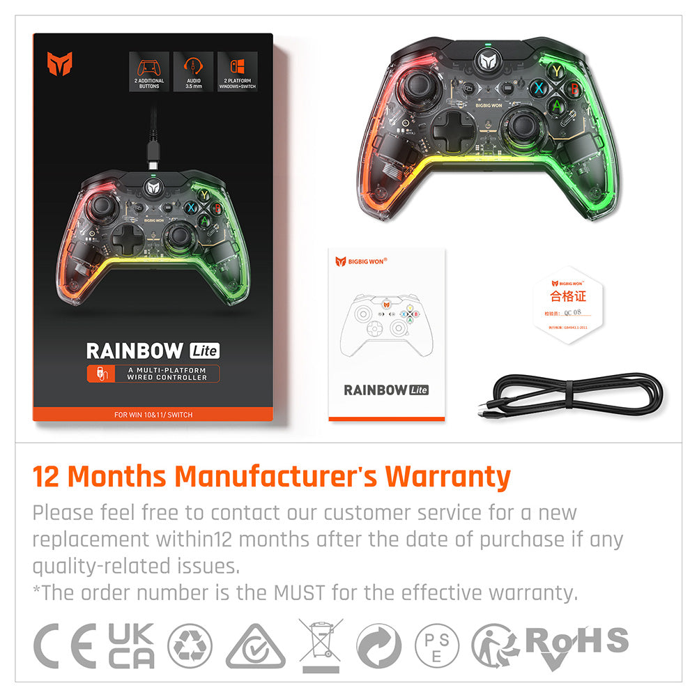 BIGBIG WON Rainbow Lite Wired Game Controller, RGB Light, Custom Buttons, Compatible with Switch / Windows 10 &amp; 11 PC