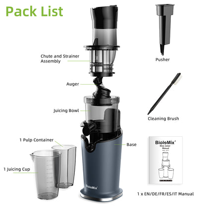 BioloMix SJ-017 Cold Press Juicer, with 78mm/3.07in Feed Chute, 200W 40-65RPM Powerful Motor, Low Noise Slow Masticating Juice Machine