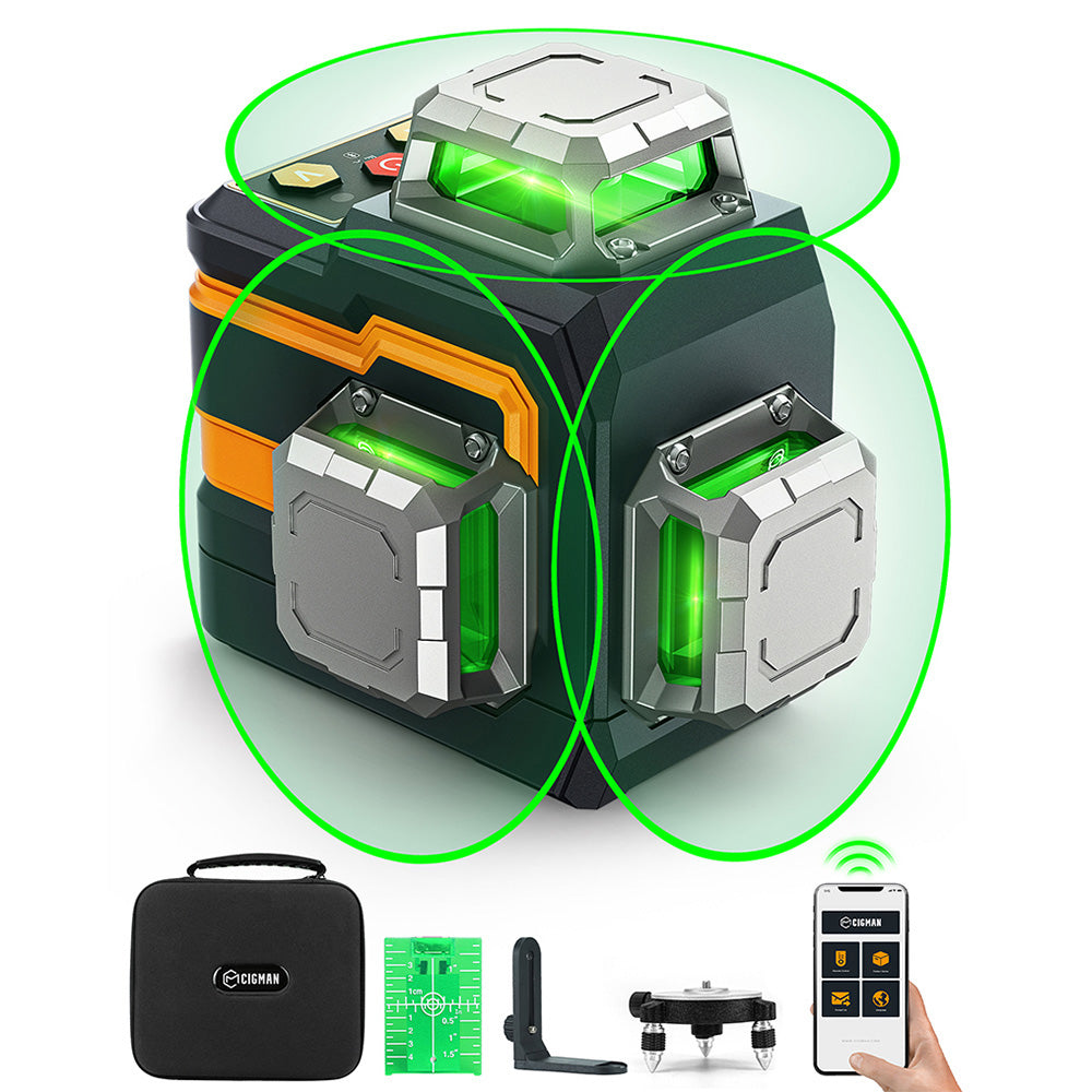 CIGMAN CM-S01 12 Lines Laser Level, With APP Control, 3x360&#176;, Self-leveling &amp; Manual Mode, Stepless Dimming, 30h Max. Usage Time, IP54 Waterproof