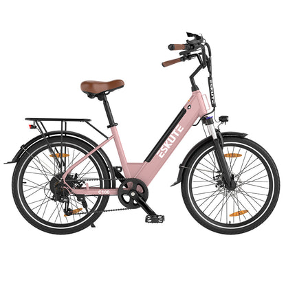ESKUTE C100 Electric Bike, 250W Motor, 36V 10.4Ah Battery, 26*1.75-inch Tires, 25km/h Max Speed, 50-60km Range, Mechanical Disc Brakes, SHIMANO 7 Speed - Pink