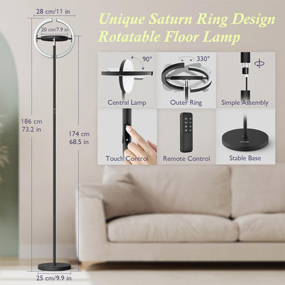 FIMEI PY-F1205 LED Floor Lamp, Central Upward Light, 3000K-6000K Color Temperature, Stepless Dimming, Remote Control/Touch Control, for Living Room - Black