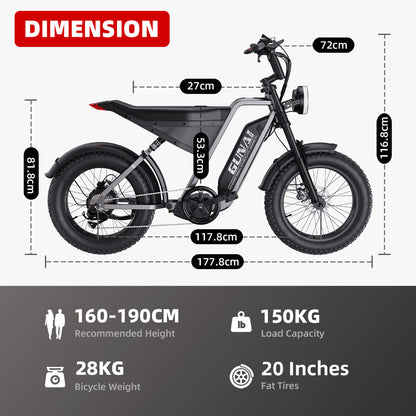GUNAI-Y Electric Bike, 1000W Motor, 48V 18Ah Battery, 20*4.0-inch Fat Tires, 60km/h Max Speed, 100km Range, Hydraulic Disc Brake, Front &amp; Rear Suspension, Shimano 7-Speed