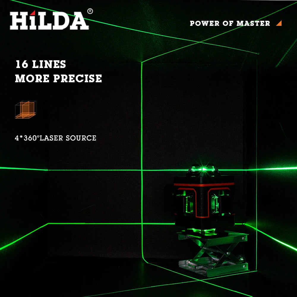 HILDA 12/16 čiarový 3/4D laserová vodováha Samonivelačná 360 horizontálna a vertikálna krížová super výkonná zelená laserová vodováha