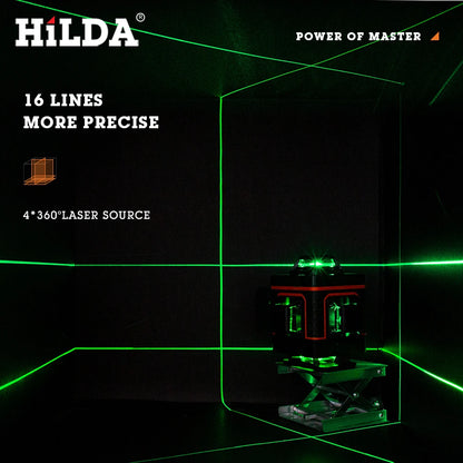 HILDA 12/16 čiarový 3/4D laserová vodováha Samonivelačná 360 horizontálna a vertikálna krížová super výkonná zelená laserová vodováha