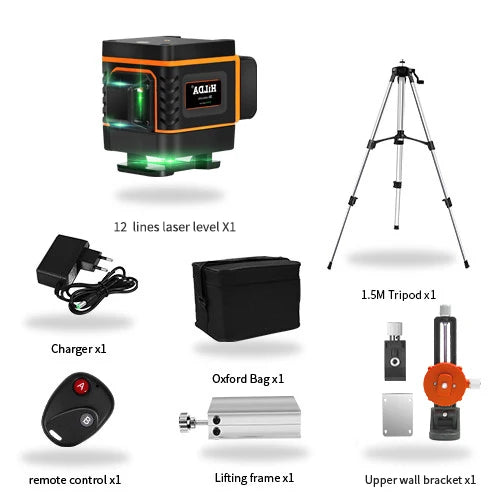 HILDA 12/16 čiarový 3/4D laserová vodováha Samonivelačná 360 horizontálna a vertikálna krížová super výkonná zelená laserová vodováha