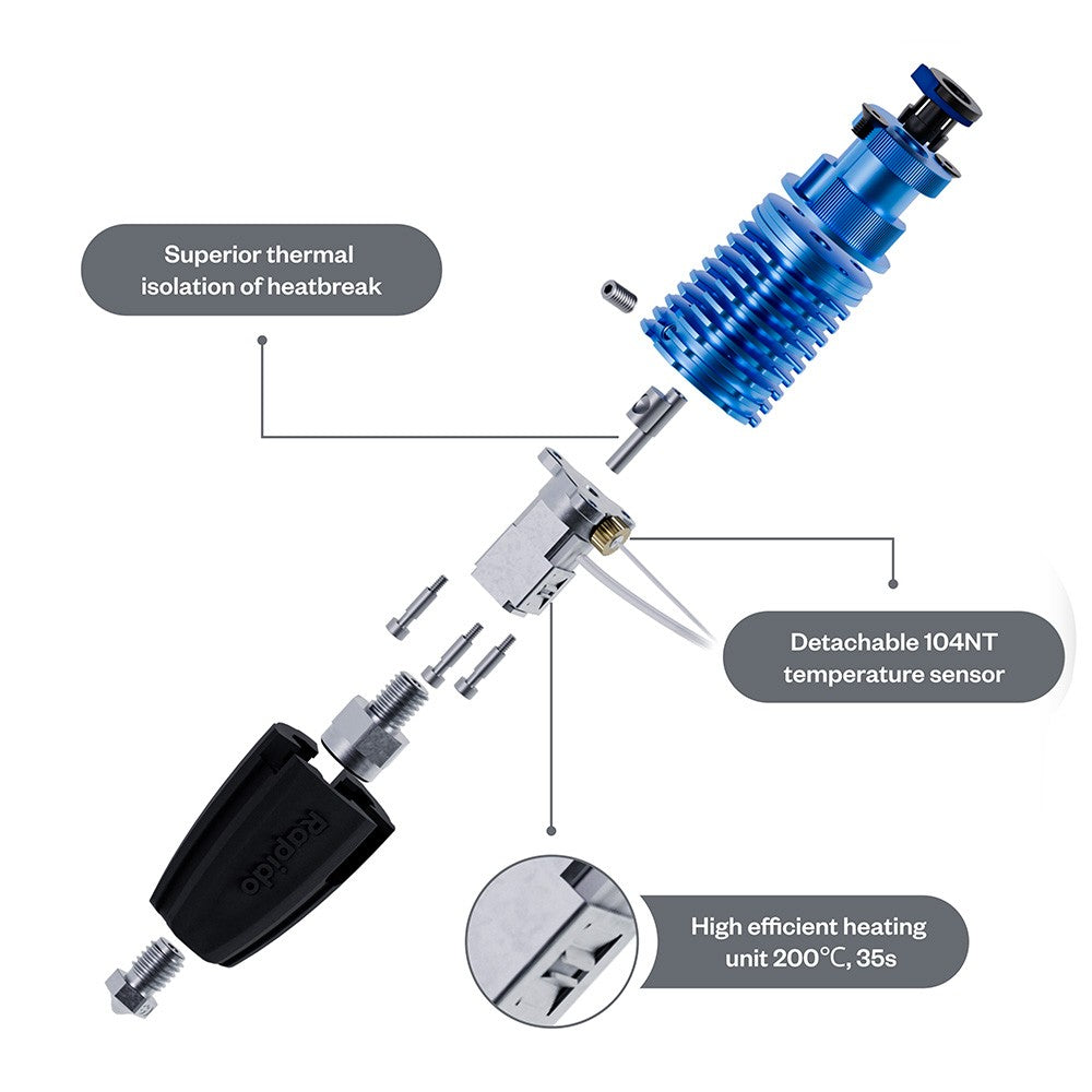 Phaetus Rapido 2.0 UHF Hotend, for Prusa 3D Printers and Volcano and V6 Nozzle, 350 Celsius Max Printing Temperature, Compatible with Thermoplastic Filaments and Composite Materials - Blue