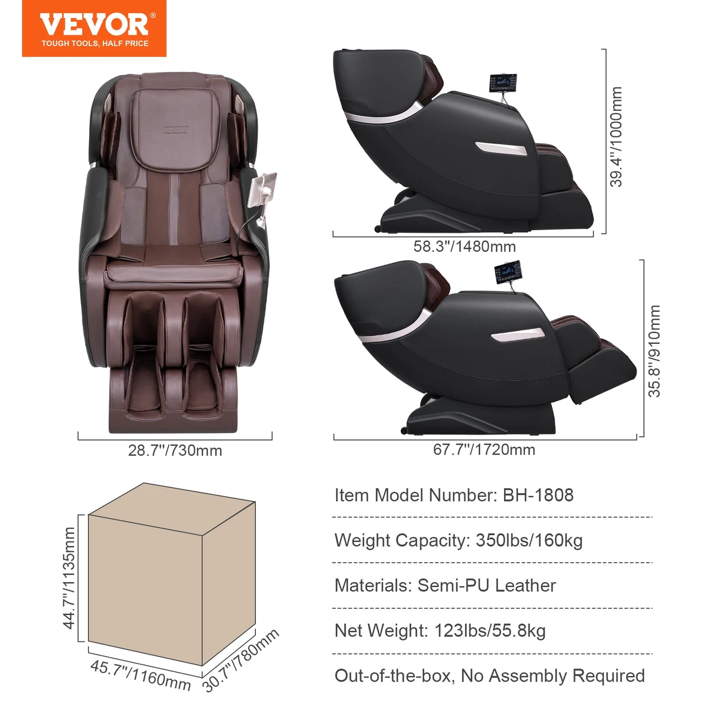 Masážne kreslo VEVOR – celotelové kreslo s nulovou gravitáciou s viacerými automatickými režimami 3D vyhrievanie Shiatsu Bluetooth reproduktor na nožičkách
