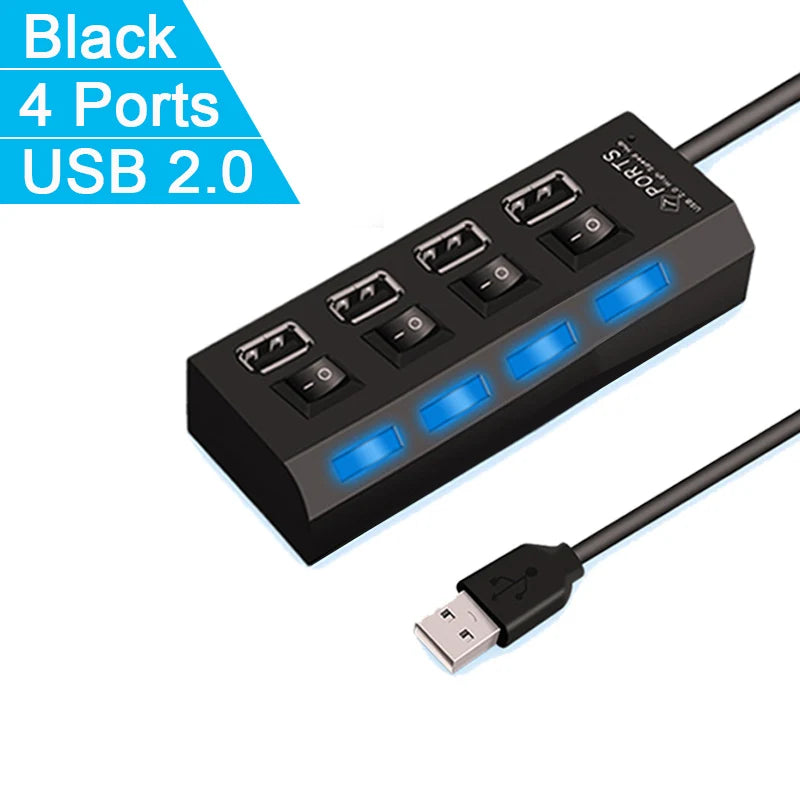 Vysokorýchlostný 4/7 portový USB HUB 2.0 Adaptér Expander Viacnásobný USB rozbočovač Viacnásobný rozširovač s LED prepínačom lampy pre PC Laptop