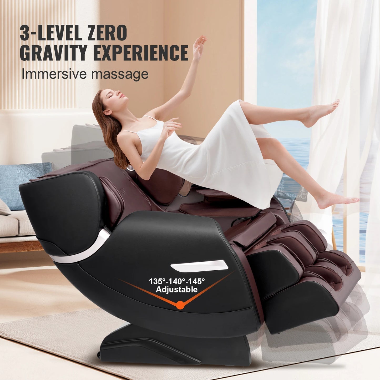 Masážne kreslo VEVOR – celotelové kreslo s nulovou gravitáciou s viacerými automatickými režimami 3D vyhrievanie Shiatsu Bluetooth reproduktor na nožičkách