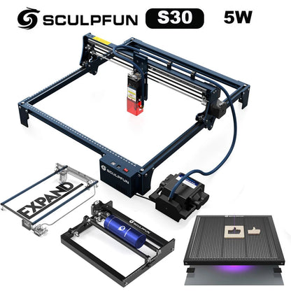 Laserový gravírovací stroj SCULPFUN S30 s voštinovým a rotačným valcovým automatickým systémom vzduchovej asistencie Gravírovací stroj 410 x 400 mm Oblasť gravírovania