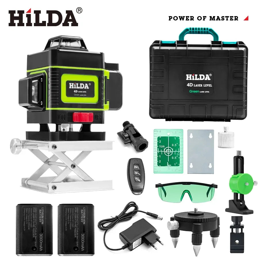 HILDA 12/16 čiarový 3/4D laserová vodováha Samonivelačná 360 horizontálna a vertikálna krížová super výkonná zelená laserová vodováha