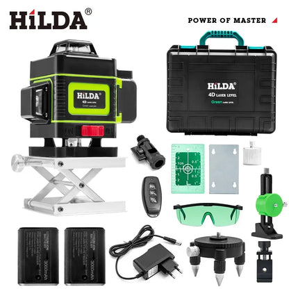 HILDA 12/16 čiarový 3/4D laserová vodováha Samonivelačná 360 horizontálna a vertikálna krížová super výkonná zelená laserová vodováha