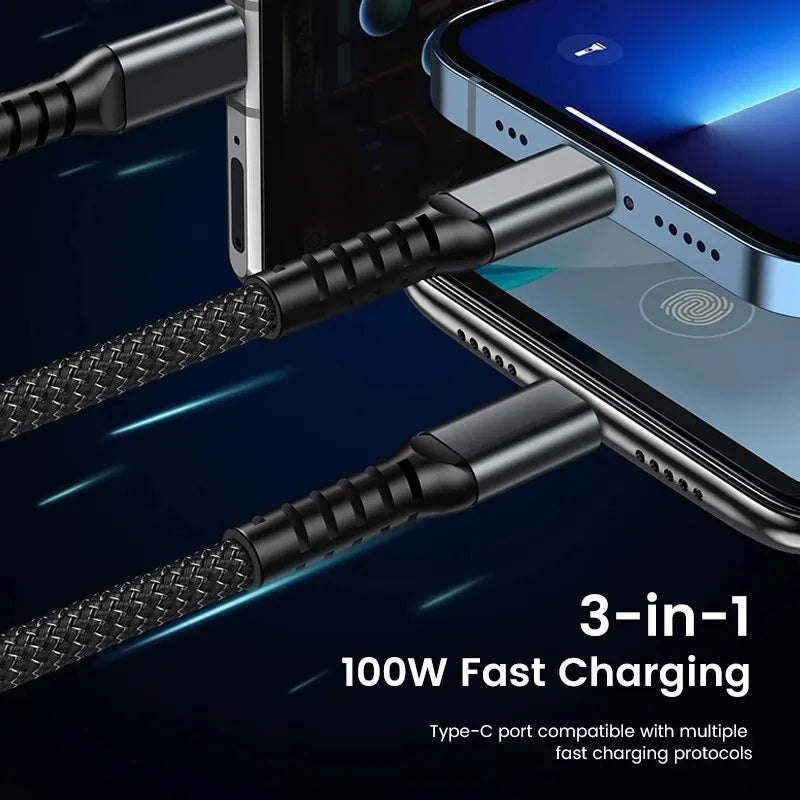 100/66W 3v1 kábel Micro USB Type C kábel pre iPhone 15 14 13 Pro Max Huawei Xiaomi Samsung S23 S22 Super rýchly nabíjací kábel