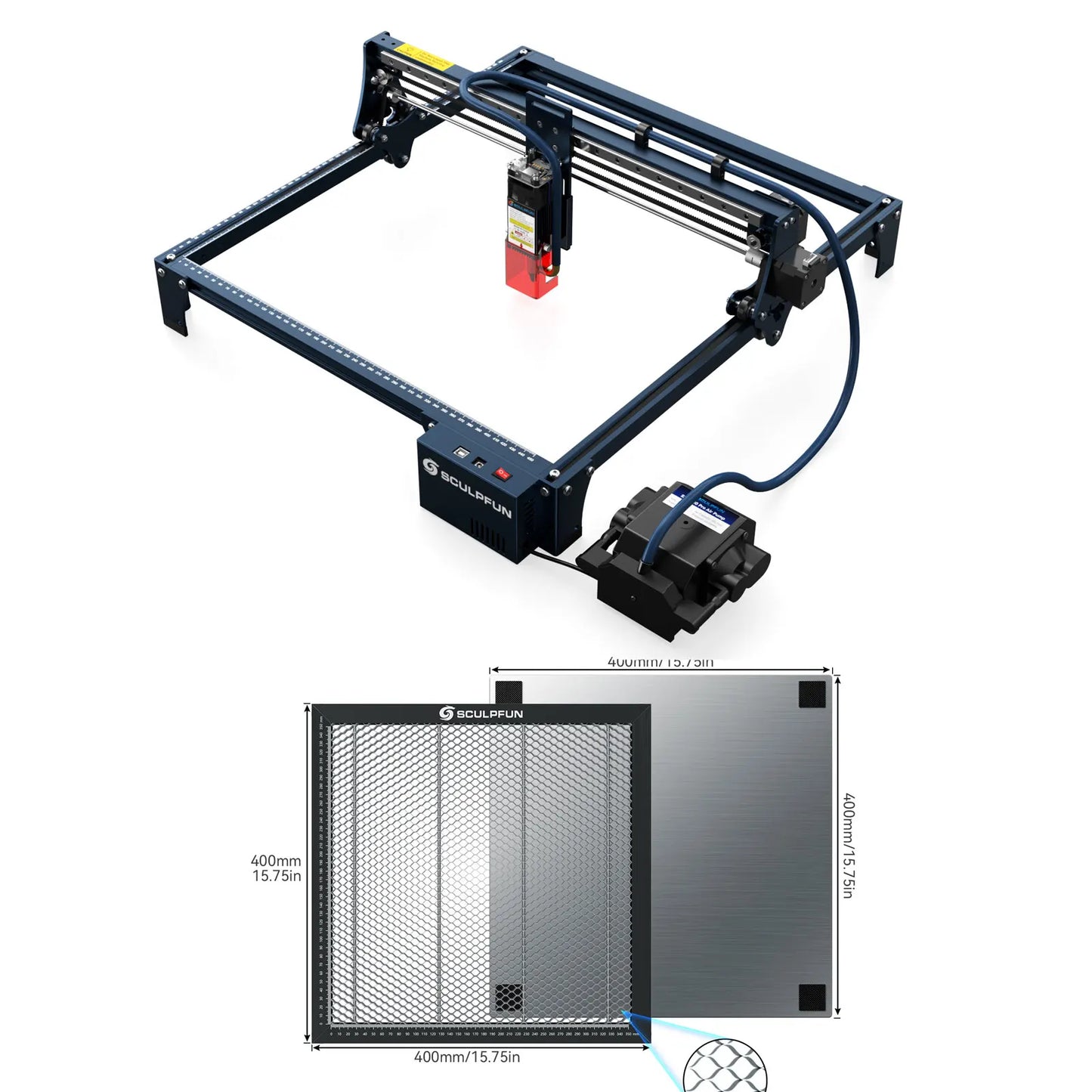 Laserový gravírovací stroj SCULPFUN S30 s voštinovým a rotačným valcovým automatickým systémom vzduchovej asistencie Gravírovací stroj 410 x 400 mm Oblasť gravírovania