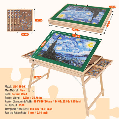 VEVOR 1500 dielny puzzle stolík so skladacími nohami, 4 zásuvkami a krytom Drevená platňa na puzzle pre dospelých Darček pre mamu