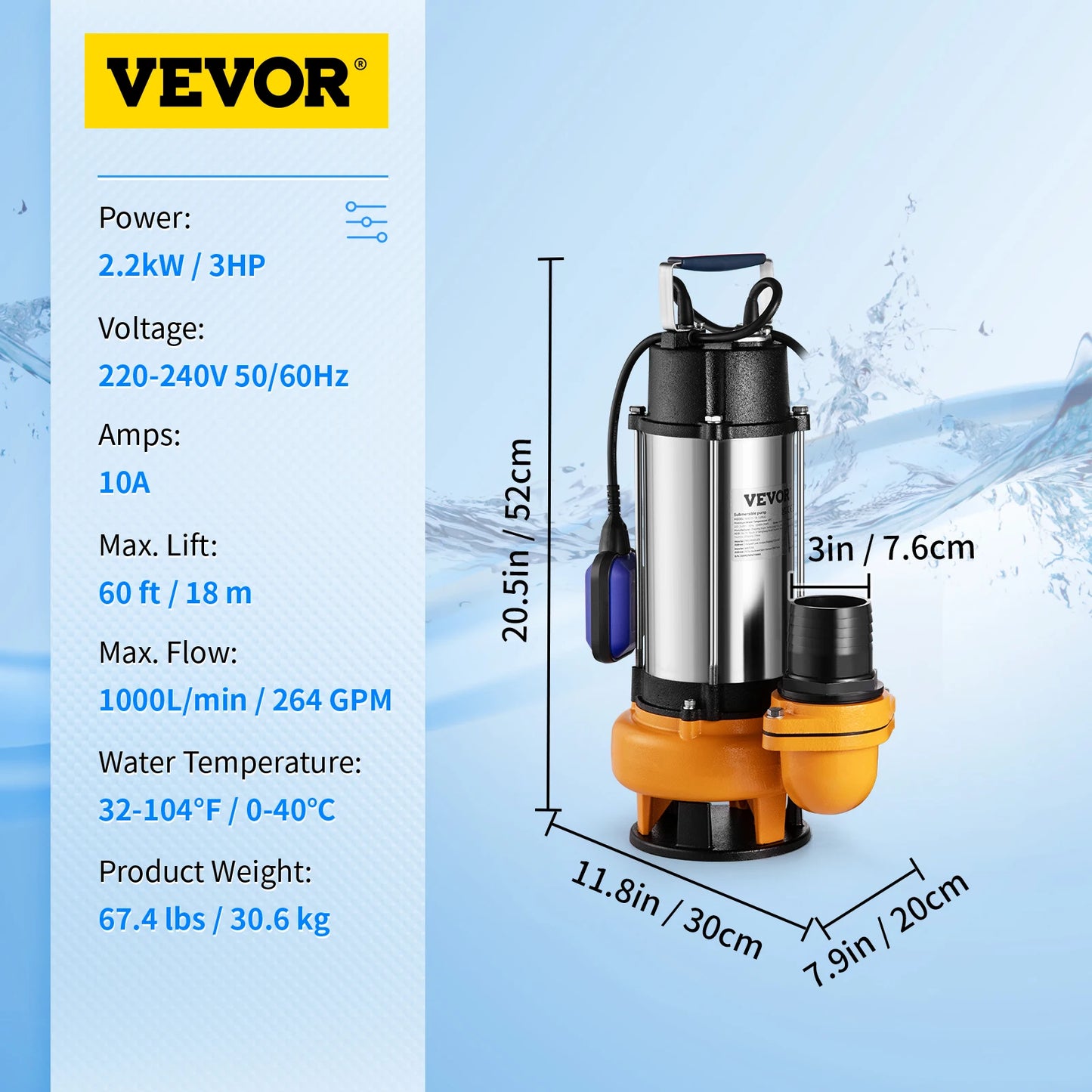 VEVOR Kalové čerpadlo ponorné kalové čerpadlo Čerpadlo na čistú vodu 550W - 2200W na čerpanie vody z bazénov, pivníc, víriviek