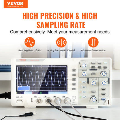 VEVOR 2/4 kanálový stolný digitálny osciloskop 1GS/S 100MHZ 30 automatických meracích funkcií pre testovanie elektronických obvodov