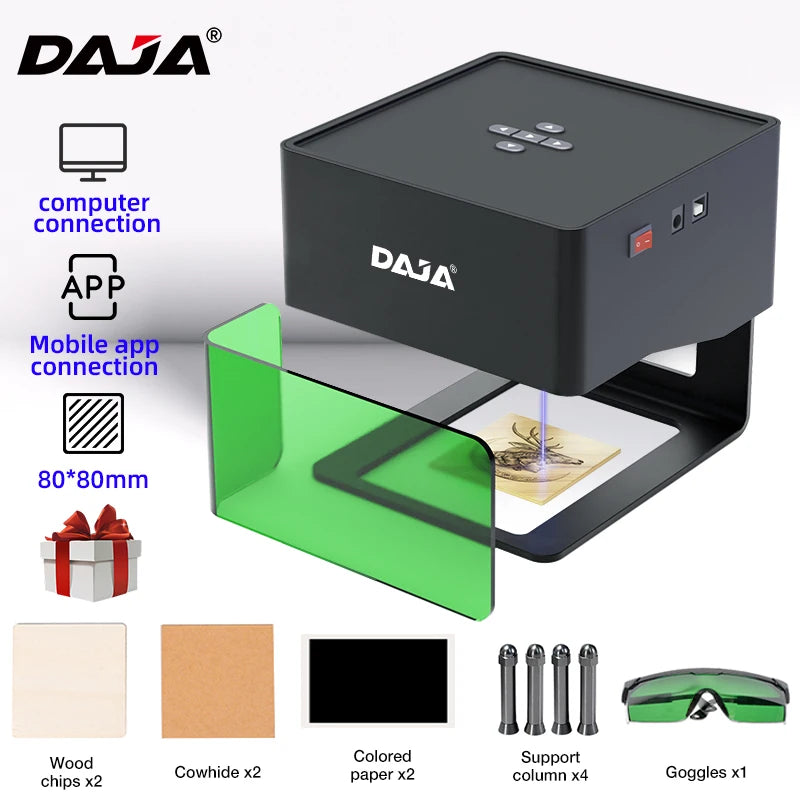 DAJA DJ6 Mini prenosný laserový gravírovač Diy Bluetooth stroj Maľované psie známky Papier Koža Drevené Plastové Logo CNC Stroj