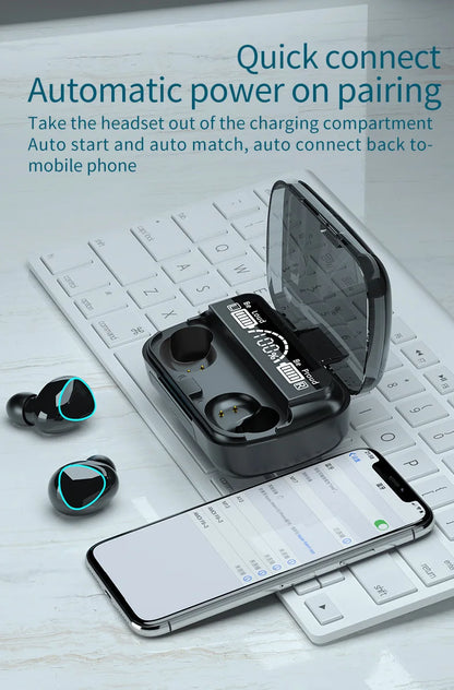 Slúchadlá Bluetooth M10 s veľkou obrazovkou v čiernej farbe, bezdrôtové slúchadlá do uší s potlačením hluku s dotykovým ovládaním a ultra dlhou batériou