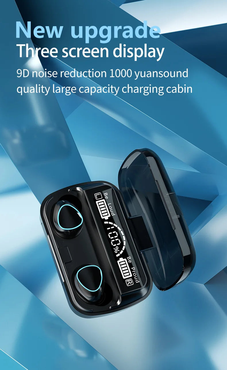 Slúchadlá Bluetooth M10 s veľkou obrazovkou v čiernej farbe, bezdrôtové slúchadlá do uší s potlačením hluku s dotykovým ovládaním a ultra dlhou batériou