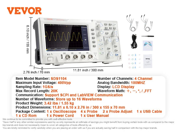 VEVOR 2/4 kanálový stolný digitálny osciloskop 1GS/S 100MHZ 30 automatických meracích funkcií pre testovanie elektronických obvodov
