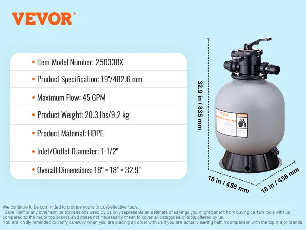 VEVOR 16/19/22/24 palcový pieskový filter so 7-cestným ventilom s viacerými otvormi a vysokým prietokom GPM nad pieskovým systémom pre zapustený bazén, sivý