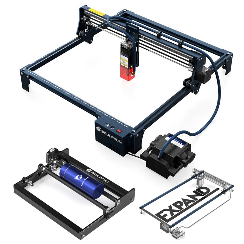 Laserový gravírovací stroj SCULPFUN S30 s voštinovým a rotačným valcovým automatickým systémom vzduchovej asistencie Gravírovací stroj 410 x 400 mm Oblasť gravírovania