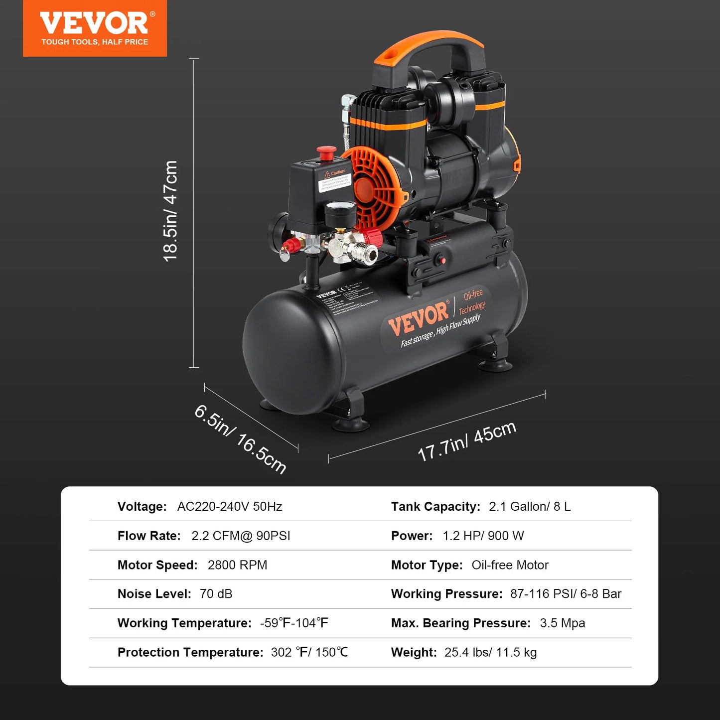 Tichý vzduchový kompresor VEVOR 900W 1450W 1800W Tiché bezolejové prenosné vzduchové čerpadlo pre domáce opravy kompresora na hustenie pneumatík