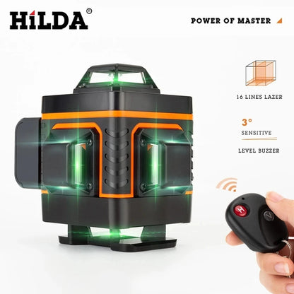 HILDA 12/16 čiarový 3/4D laserová vodováha Samonivelačná 360 horizontálna a vertikálna krížová super výkonná zelená laserová vodováha