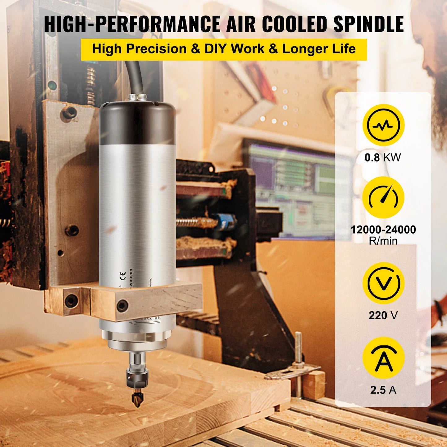 Vzduchom chladený vretenový motor VEVOR 0,8 kW Vysokorýchlostná rotácia 12 000-24 000 PRM 400 Hz na gravírovanie, frézovanie a brúsenie Použitie CNC routera