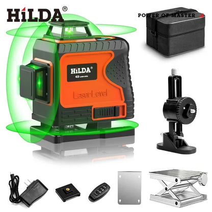 HILDA 12/16 čiarový 3/4D laserová vodováha Samonivelačná 360 horizontálna a vertikálna krížová super výkonná zelená laserová vodováha