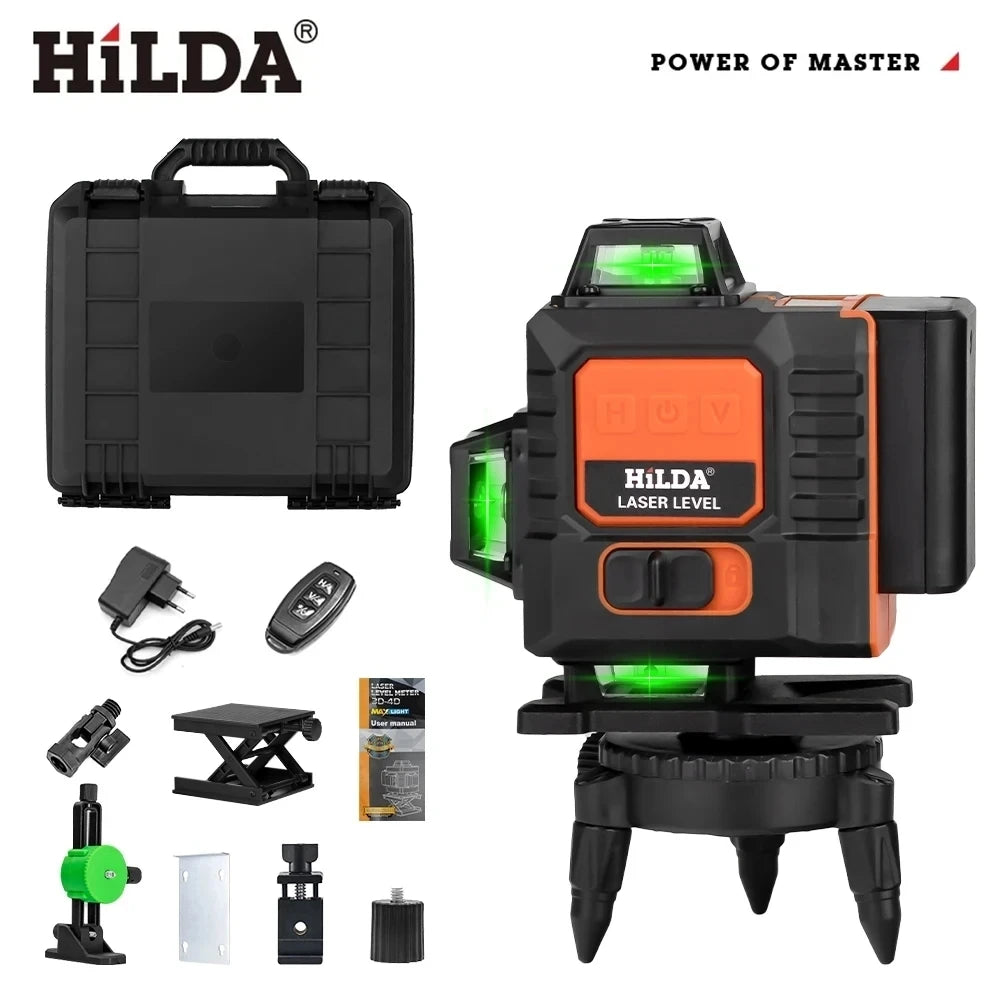 HILDA 4D 16-riadkový laserový vodováha s batériovým displejom Samonivelačný 360 horizontálny a vertikálny kríž Super výkonný zelený