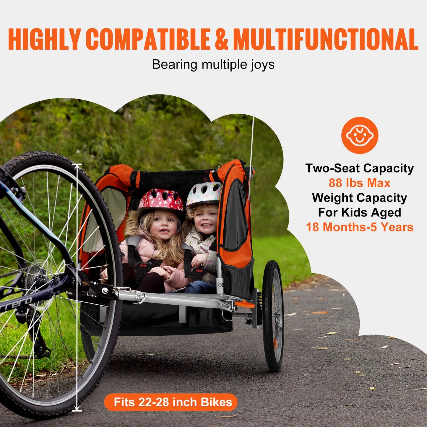 VEVOR 88/100 lbs Detský príves na bicykel Dvojsedadlový nosič premenený na kočík Skladací detský príves na bicykel pre batoľatá Deti