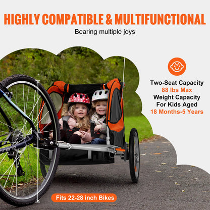 VEVOR 88/100 lbs Detský príves na bicykel Dvojsedadlový nosič premenený na kočík Skladací detský príves na bicykel pre batoľatá Deti