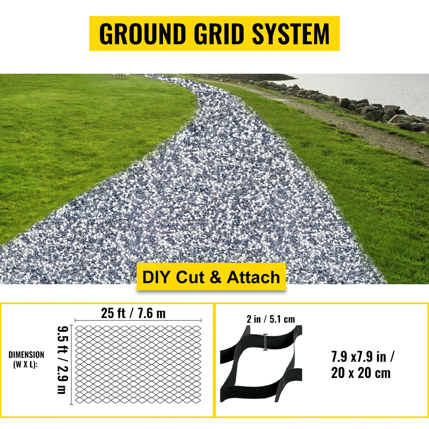 VEVOR Ground Grid Paver Geocell Grid 2 in/3 in Hrubá Geo Grid Čierna 27 x 4 stôp / 25 x 9,5 stôp HDPE Materiál na štrk Dom a záhrada