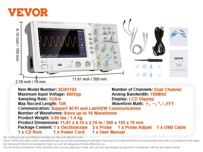 VEVOR 2/4 kanálový stolný digitálny osciloskop 1GS/S 100MHZ 30 automatických meracích funkcií pre testovanie elektronických obvodov