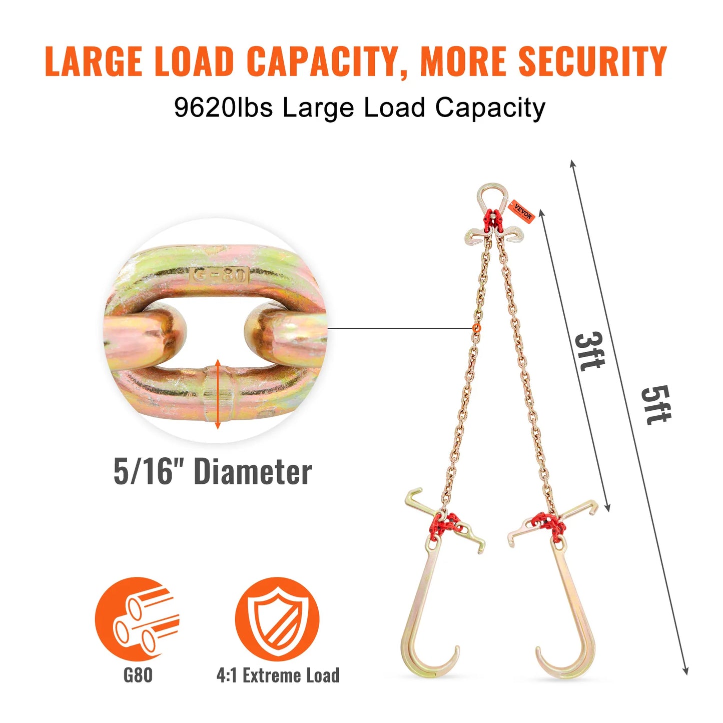 Uzda ťažnej reťaze VEVOR V-Chain 9620 lbs Limit pracovného zaťaženia 5/16'' x 3' G80 s háčikmi RTJ Cluster a D-Shackle na zdvíhanie