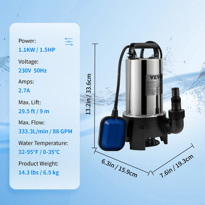 VEVOR Kalové čerpadlo ponorné kalové čerpadlo Čerpadlo na čistú vodu 550W - 2200W na čerpanie vody z bazénov, pivníc, víriviek
