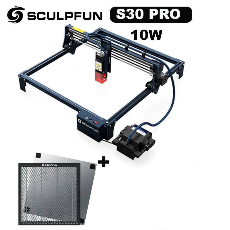 Laserový gravírovací stroj SCULPFUN S30 PRO 10 W s automatickým systémom Air-assist s voštinovým/valcovým gravírovacím strojom, plocha 410 x 400 mm